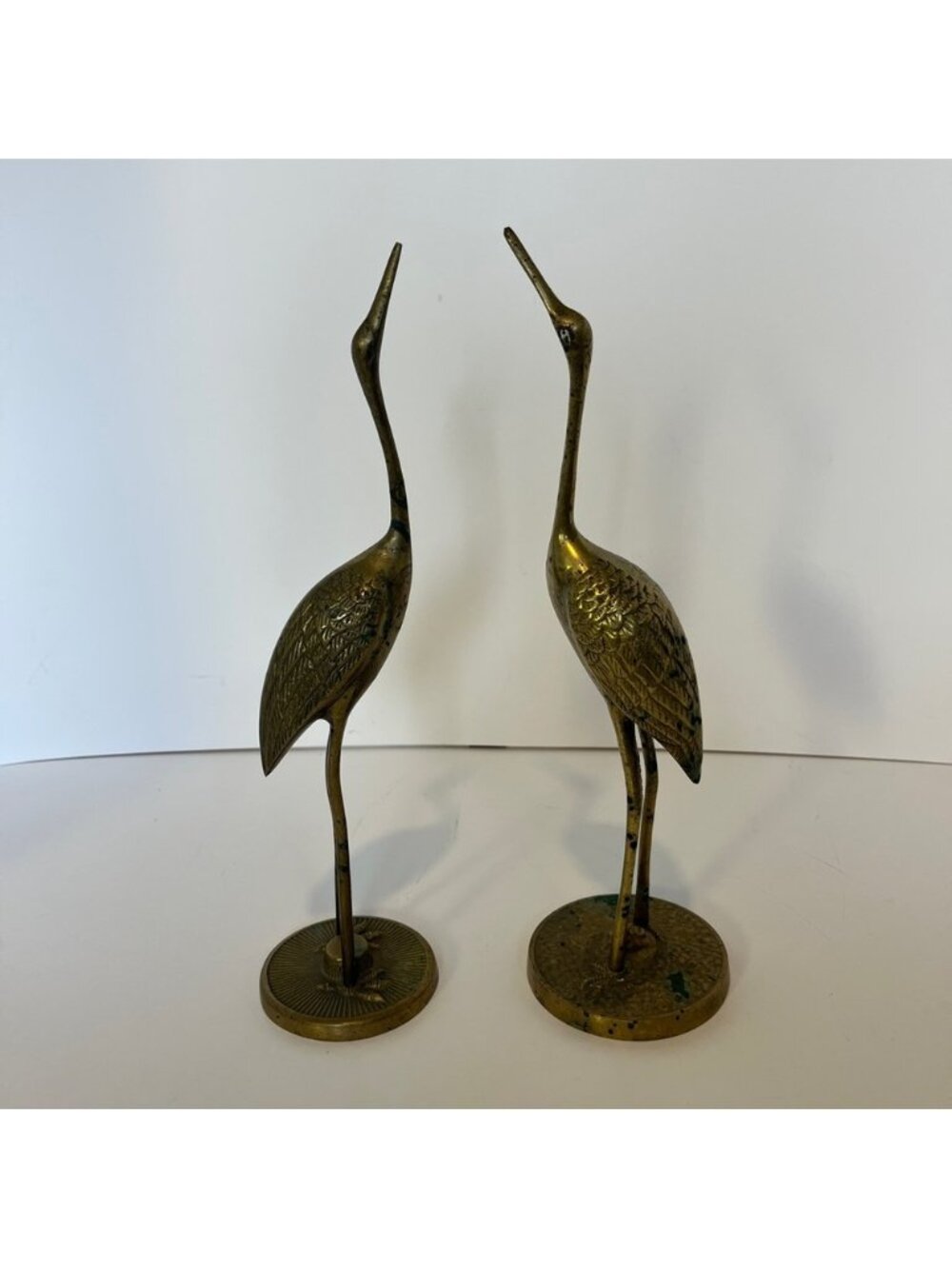Vintage Brass Set of 2 Crane Birds 12" Egret Heron Statues Korea Standing Art